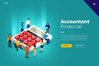 Hesap makinesi ve para ile izometrik finans sektöründe çalışan insanların iş konsepti takım çalışması. Vektör illüstrasyonları.