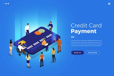 İzometrik illüstrasyonlar kavram mobil teknoloji çözüm online ödeme ile üst tasarım. Degrade arka plan ve dijital grafik ince çizgi grafik. Vektör göstermek.