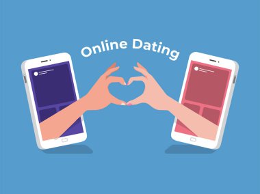 Dating online kullanma yolu ile el Modern resimler concpt mobil sohbet ve sosyal aktivite ilişki erkek ve kadın arasında tutun. Vektör göstermek.