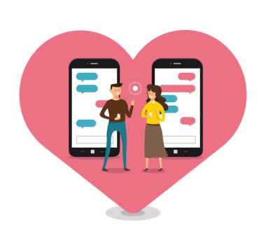 Dating online kullanma yolu ile el Modern resimler concpt mobil sohbet ve sosyal aktivite ilişki erkek ve kadın arasında tutun. Vektör göstermek.