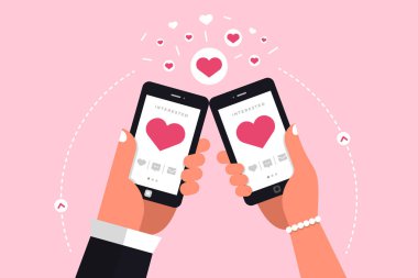 Dating online kullanma yolu ile el Modern resimler concpt mobil sohbet ve sosyal aktivite ilişki erkek ve kadın arasında tutun. Vektör göstermek.