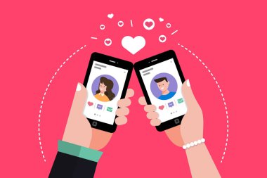 Dating online kullanma yolu ile el Modern resimler concpt mobil sohbet ve sosyal aktivite ilişki erkek ve kadın arasında tutun. Vektör göstermek.