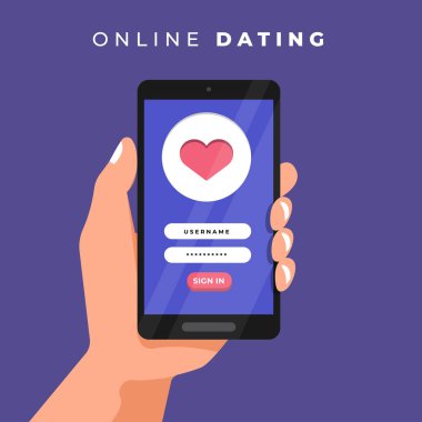 Dating online kullanma yolu ile el Modern resimler concpt mobil sohbet ve sosyal aktivite ilişki erkek ve kadın arasında tutun. Vektör göstermek.