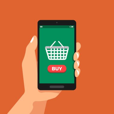 İllüstrasyonlar düz tasarım kavramı elini tut online alışveriş simgesi sepeti ile smartphone. Vektör göstermek.