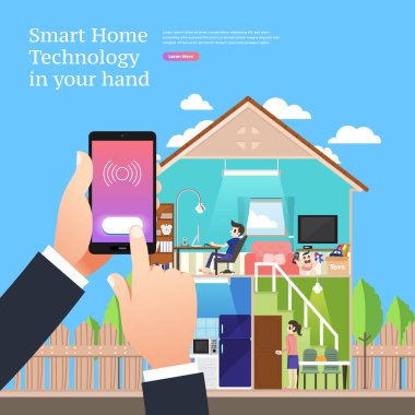 İzometrik illüstrasyonlar kavram mobil teknoloji çözüm akıllı ev ile üst tasarım. Vektör göstermek.