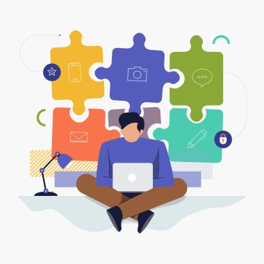 Düz tasarım kavramı emekçilerin bilgisayar laptop ve arka plan grafik ile işler işe mevcut. Vektör göstermek.