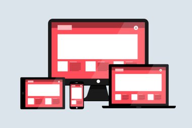 Düz tasarım kavramı duyarlı web tasarım geliştirme mockup düzen cihazlarda multiscreen. Vektör çizimler