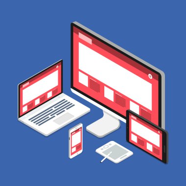 Düz tasarım kavramı duyarlı web tasarım geliştirme mockup düzen cihazlarda multiscreen. Vektör çizimler