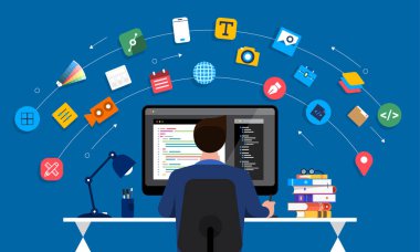 İllüstrasyon düz tasarım kavramı web veya uygulama tasarımcı ve programcı çalışma withcomputer masada oturuyor. Vektör göstermek.