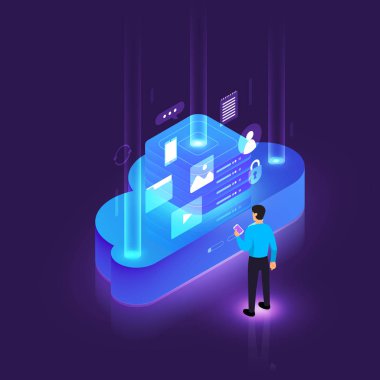 İllüstrasyonlar bulut teknoloji ve hizmet çözümü ile konsept dijital ağ tasarımı. Vektör izometrik göstermek.