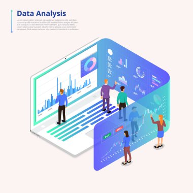 İzometrik illüstrasyonlar kavramı veri analizi çalışması ve araçlar. küçük insanların dizüstü bilgisayar üzerinde çalışan grafik ve grafik analytics için genişletin. Vektör göstermek.