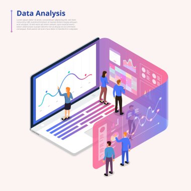 İzometrik illüstrasyonlar kavramı veri analizi çalışması ve araçlar. küçük insanların dizüstü bilgisayar üzerinde çalışan grafik ve grafik analytics için genişletin. Vektör göstermek.