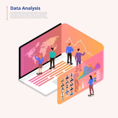 İzometrik illüstrasyonlar kavramı veri analizi çalışması ve araçlar. küçük insanların dizüstü bilgisayar üzerinde çalışan grafik ve grafik analytics için genişletin. Vektör göstermek.