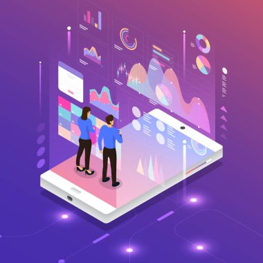 Düz tasarım konsepti müşteri analiz veri bilgi ile işadamı ve bilgisayar yolu ile duran kadın pazarlama dijital. Vektör göstermek.