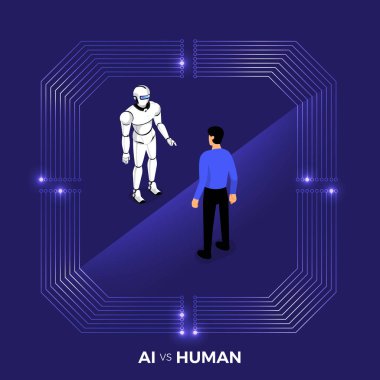 İllüstrasyonlar kavram AI yapay zeka vs robot ve insan insan. Vektör göstermek.