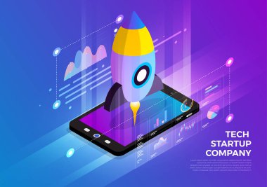 Isometric illustrations design concept mobile technology solution on top with startup company. Gradient background and digital graph chart thin line. Vector illustrate. clipart
