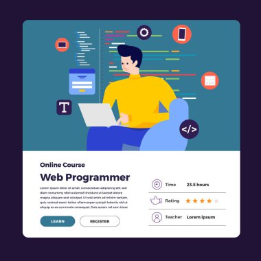 İllüstrasyon düz tasarım kavramı web veya uygulama tasarımcı ve programcı oturup bilgisayarla masada üzerinde çalışıyor. Vektör göstermek.