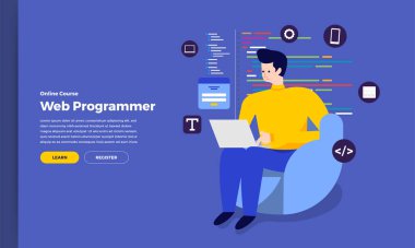 İllüstrasyon düz tasarım kavramı web veya uygulama tasarımcı ve programcı oturup bilgisayarla masada üzerinde çalışıyor. Vektör göstermek.