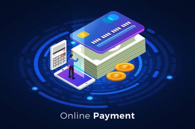 İzometrik illüstrasyonlar kavram teknoloji çözüm online ödeme ile üst tasarım. Degrade arka plan ve dijital grafik ince çizgi grafik. Vektör göstermek.