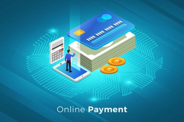İzometrik illüstrasyonlar kavram teknoloji çözüm online ödeme ile üst tasarım. Degrade arka plan ve dijital grafik ince çizgi grafik. Vektör göstermek.