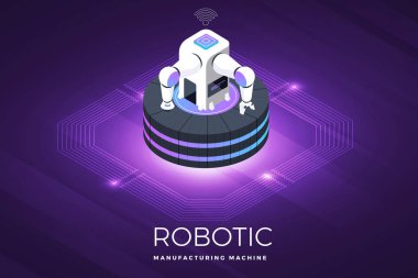 İzometrik illüstrasyonlar kavram teknoloji çözüm üst robot endüstriyel makine robot tasarım. Degrade arka plan ve dijital grafik ince çizgi grafik. Vektör göstermek.