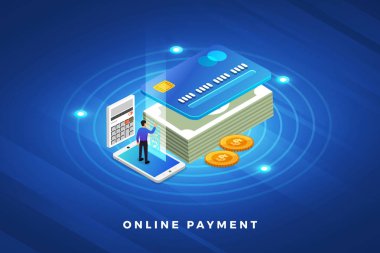 İzometrik illüstrasyonlar kavram teknoloji çözüm online ödeme ile üst tasarım. Degrade arka plan ve dijital grafik ince çizgi grafik. Vektör göstermek.