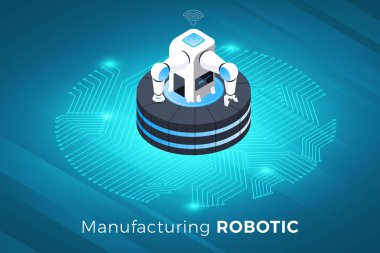 İzometrik illüstrasyonlar kavram teknoloji çözüm üst robot endüstriyel makine robot tasarım. Degrade arka plan ve dijital grafik ince çizgi grafik. Vektör göstermek.