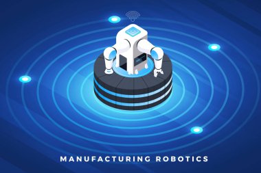İzometrik illüstrasyonlar kavram teknoloji çözüm üst robot endüstriyel makine robot tasarım. Degrade arka plan ve dijital grafik ince çizgi grafik. Vektör göstermek.