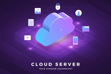İzometrik illüstrasyonlar kavram teknoloji çözüm bulut servisi ile üst tasarım. Degrade arka plan ve dijital grafik ince çizgi grafik. Vektör göstermek.