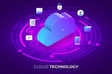 İzometrik illüstrasyonlar kavram teknoloji çözüm bulut servisi ile üst tasarım. Degrade arka plan ve dijital grafik ince çizgi grafik. Vektör göstermek.