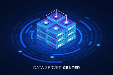 İzometrik illüstrasyonlar kavram teknoloji çözüm büyük veri sunucusu ile üst tasarım. Degrade arka plan ve dijital grafik ince çizgi grafik. Vektör göstermek.