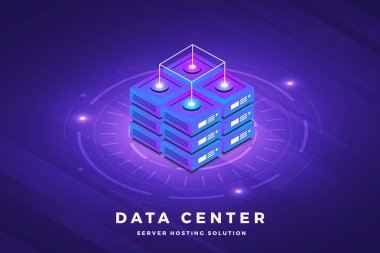 İzometrik illüstrasyonlar kavram teknoloji çözüm büyük veri sunucusu ile üst tasarım. Degrade arka plan ve dijital grafik ince çizgi grafik. Vektör göstermek.