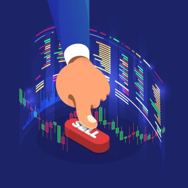 tüccar çalışma analiz Menkul Kıymetler Borsası grafik ve grafik karar için satın almak veya satmak stok. İş kavramı. Vektör çizimler.