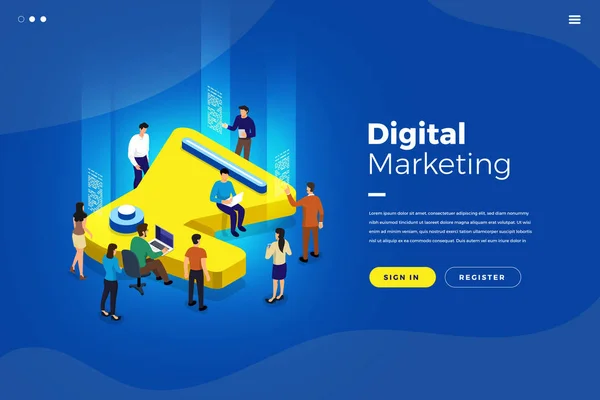 Illustraties Isometrische Business Concept Teamwork Analyse Digitale Marketing Pictogram Megafoon — Stockvector