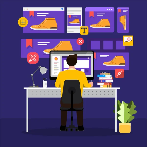 Ilustração Web Conceito Design Plano Designer Aplicativos Programador Sentado Trabalhando — Vetor de Stock