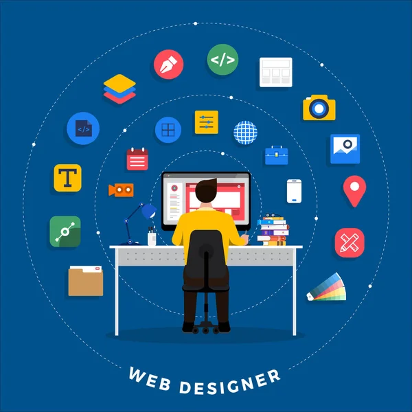 Illustration Design Plat Concepteur Web Applicatif Programmeur Assis Sur Ordinateur — Image vectorielle