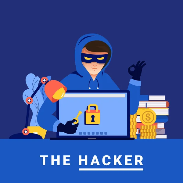 Diseño Plano Concepto Hacker Actividad Cyber Ladrón Dispositivo Internet Vector — Archivo Imágenes Vectoriales