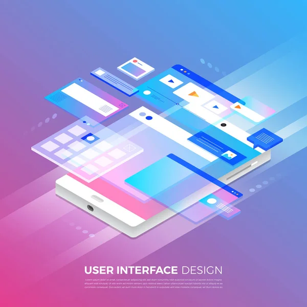Isometric Illustrations Concept User Interface Design Present Wireframe Mobile Application — Stock Vector