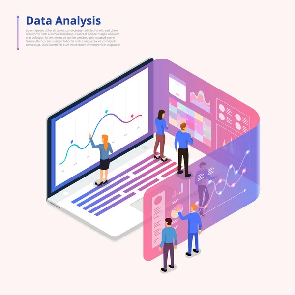 Isometrische Abbildungen Konzept Datenanalyse Teamarbeit Und Werkzeuge Kleine Leute Die — Stockvektor