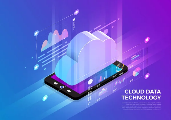Isometric illustrations design concept mobile technology solution on top with cloud service. Gradient background and digital graph chart thin line. Vector illustrate.