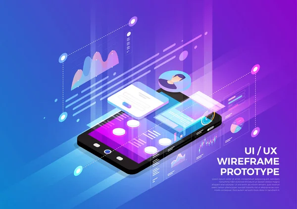Isometric Illustrations Design Concept Mobile Technology Solution Top Avec Wireframe — Image vectorielle