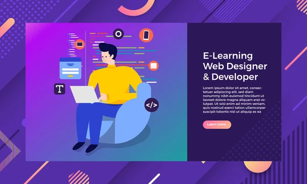 Illustration Flat Design Concept Web Application Designer Programmer Sitting Working — Stock Vector