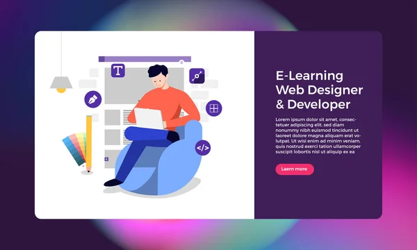 Ilustración Concepto Diseño Plano Web Diseñador Aplicaciones Programador Sentado Trabajando — Vector de stock