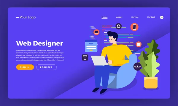 Illustration Flaches Designkonzept Web Oder Anwendungsdesigner Und Programmierer Sitzen Mit — Stockvektor