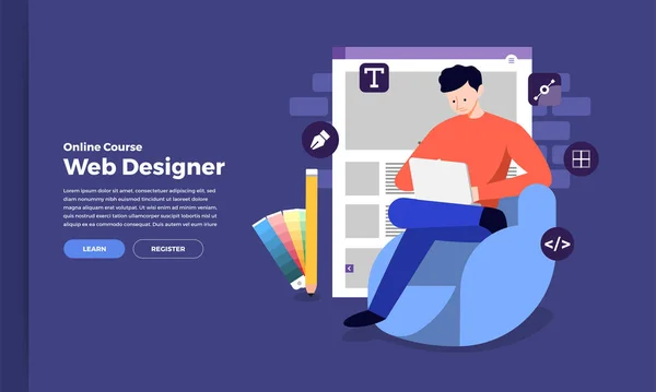 Illustrazione Concetto Design Piatto Web Application Designer Programmatore Seduto Lavorare — Vettoriale Stock