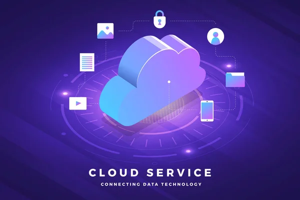 Illustrazioni Isometriche Progettano Soluzione Tecnologica Concettuale Cima Con Servizio Cloud — Vettoriale Stock