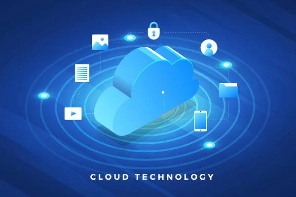 Illustrazioni Isometriche Progettano Soluzione Tecnologica Concettuale Cima Con Servizio Cloud — Vettoriale Stock