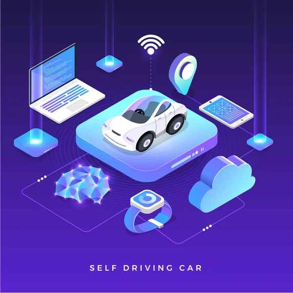 Autónomos Sensores Auto Conducción Smart Car Tecnología Vehículo Sin Conductor — Vector de stock