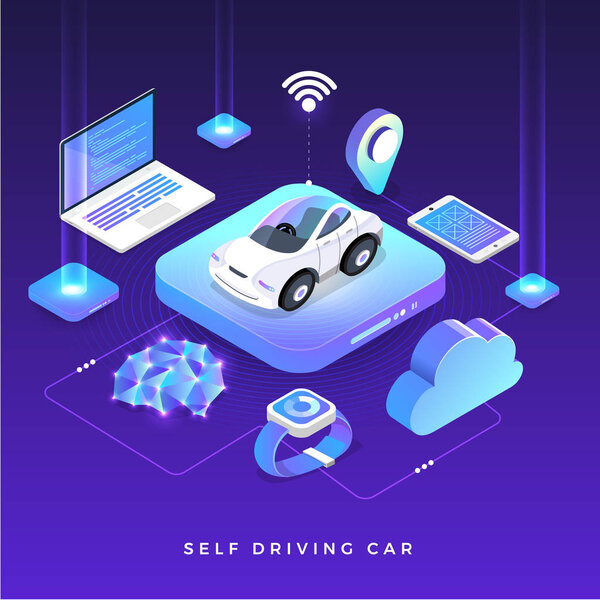 Autonomous self-driving Automobile sensors Smart Car Driverless vehicle technology. Vector illustrate.