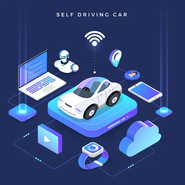 Autonome Auto Conduite Capteurs Automobiles Smart Car Driverless Technologie Véhicule — Image vectorielle